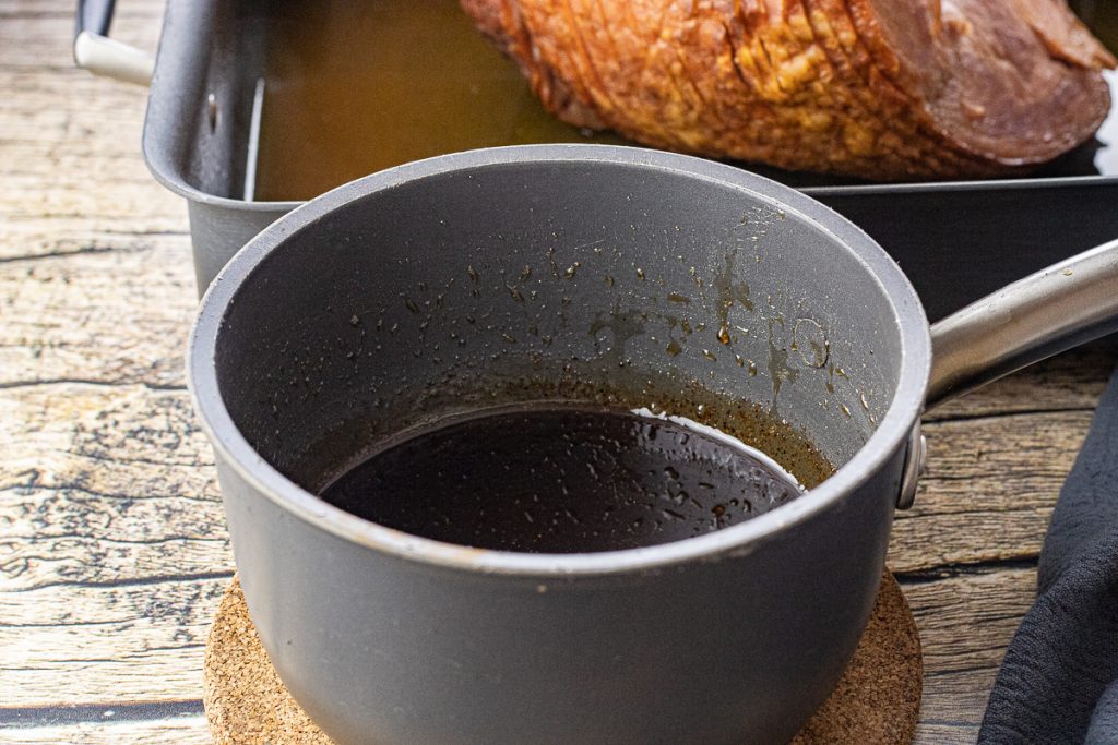 saucepan filled with glaze for ham