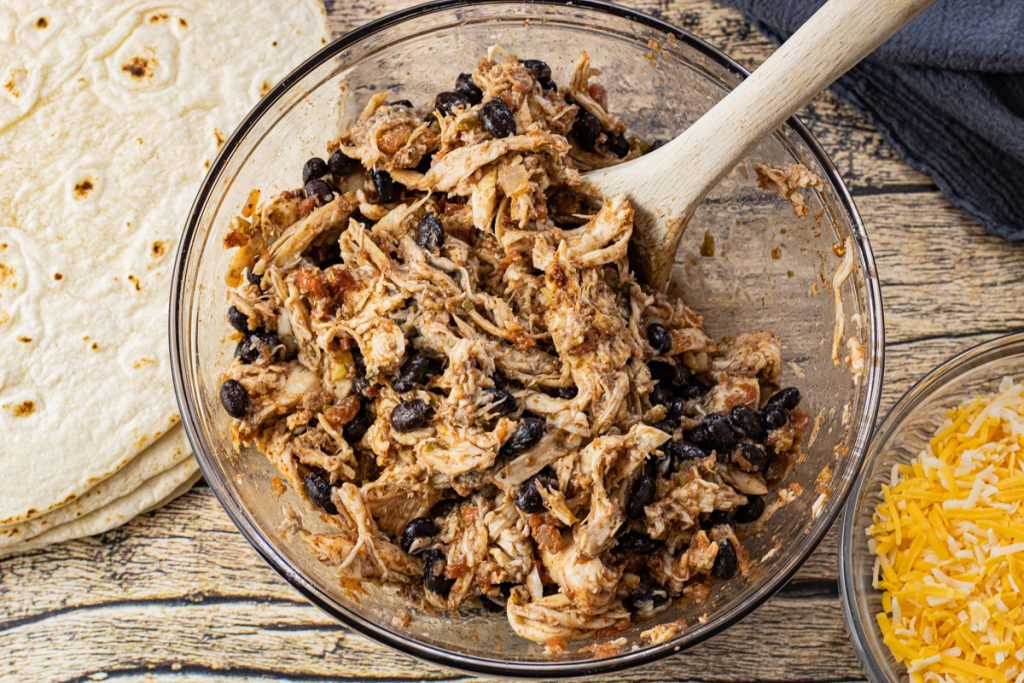 bowl of shredded chicken and black beans