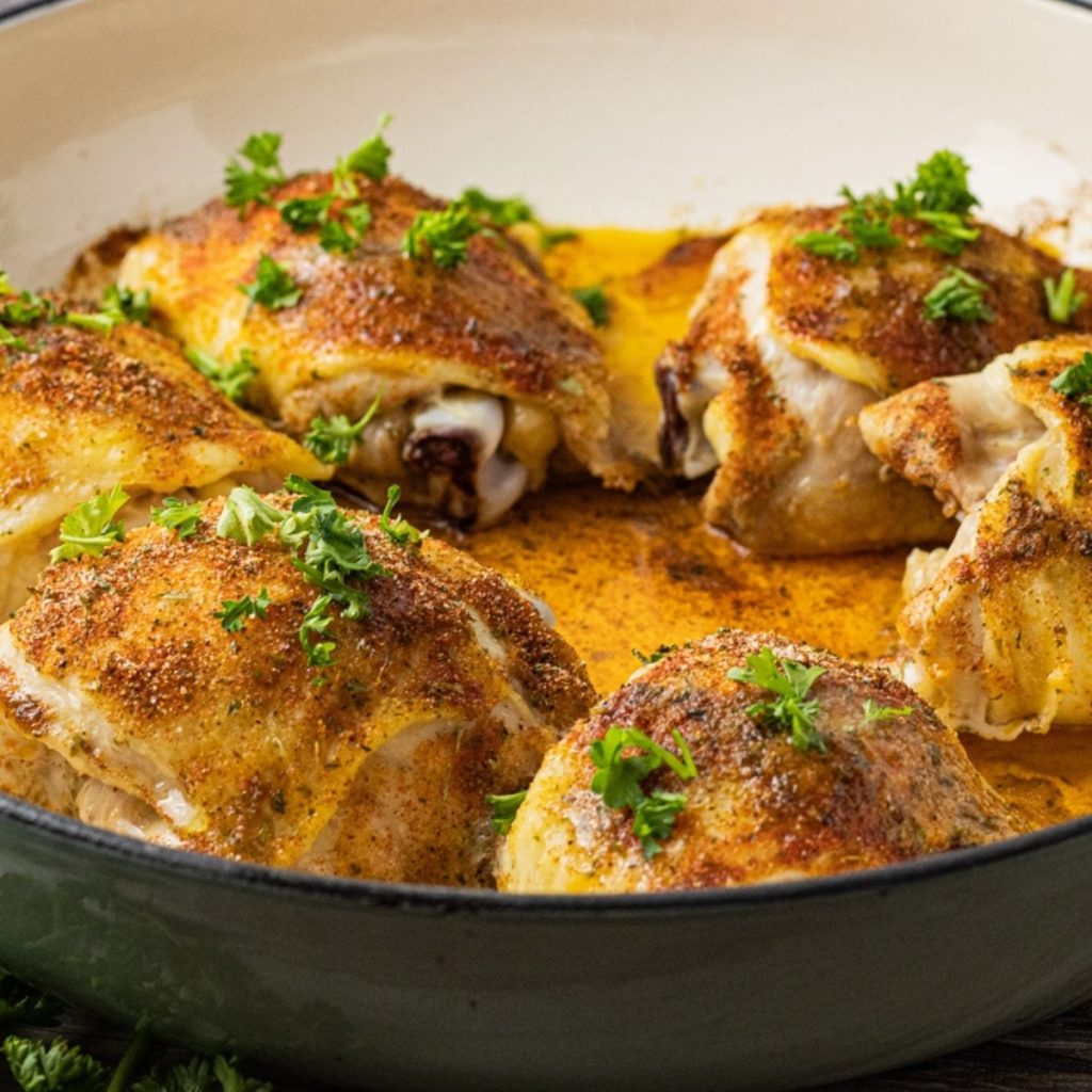 oven baked chicken thighs in a round pan