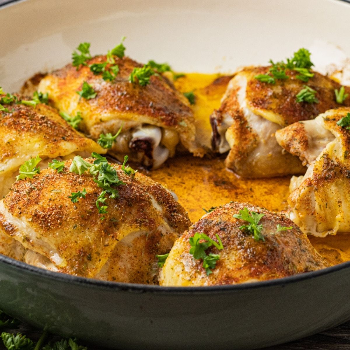 oven baked chicken thighs in a round pan