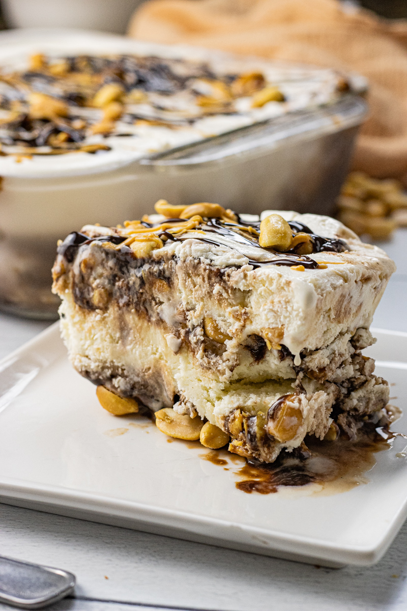 slice of vanilla ice cream cake with peanuts and hot fudge