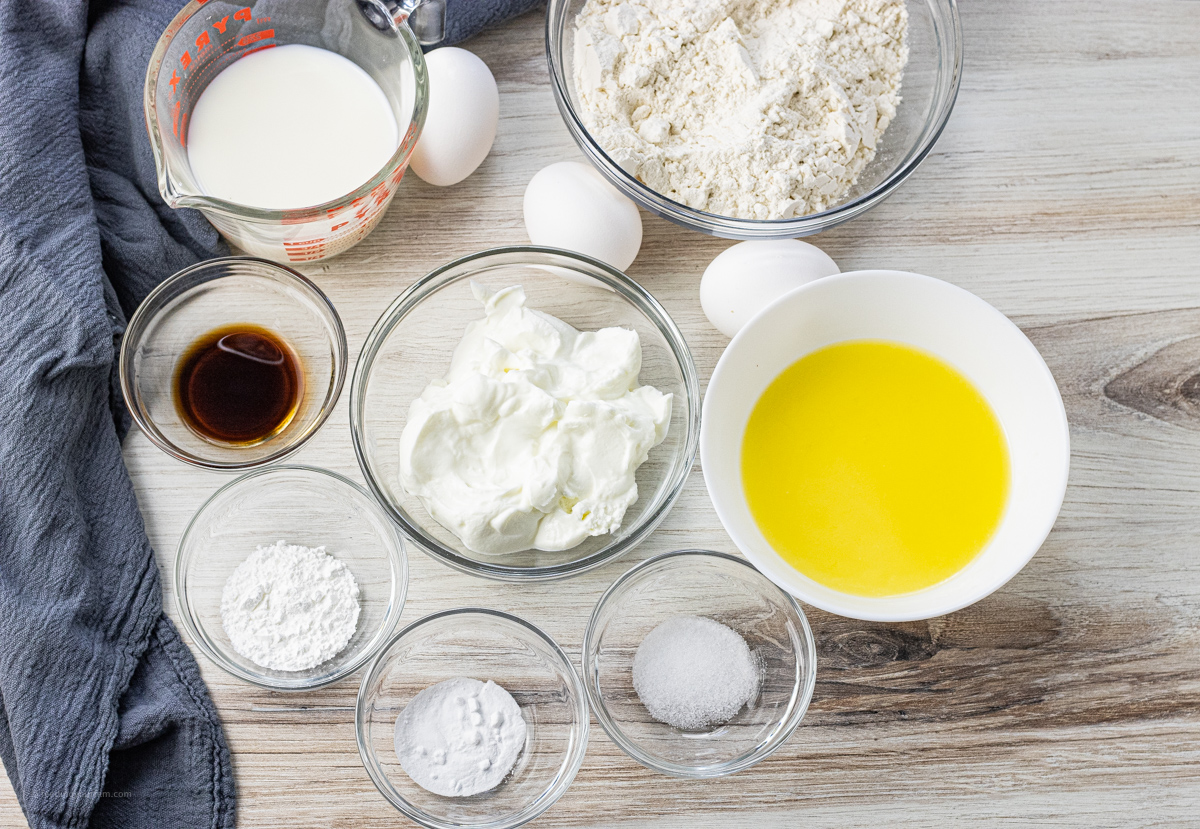waffle ingredients separated into bowls