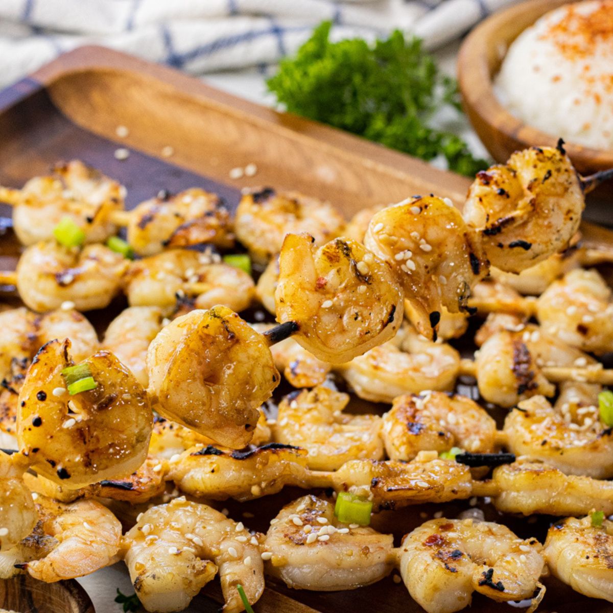 shrimp on a wooden skewer that has been grilled
