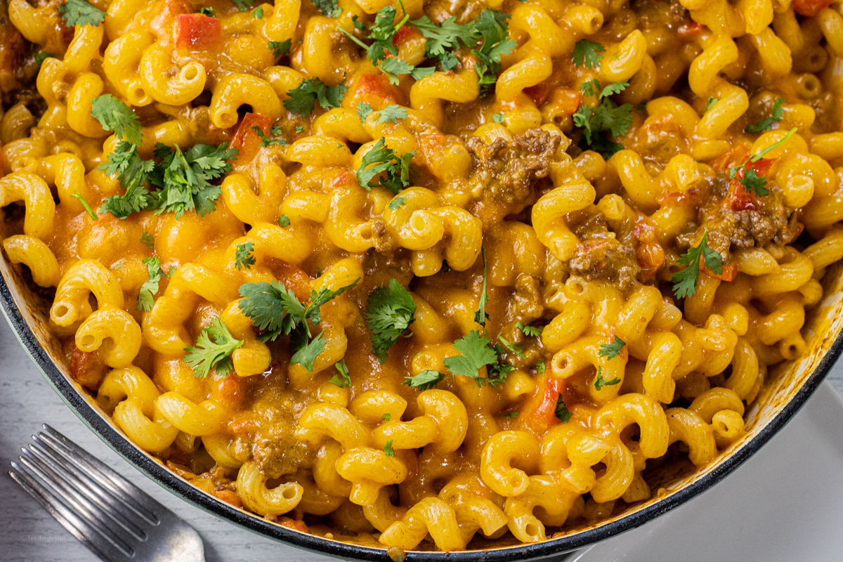 close picture of twisty noodles with ground beef and cilantro