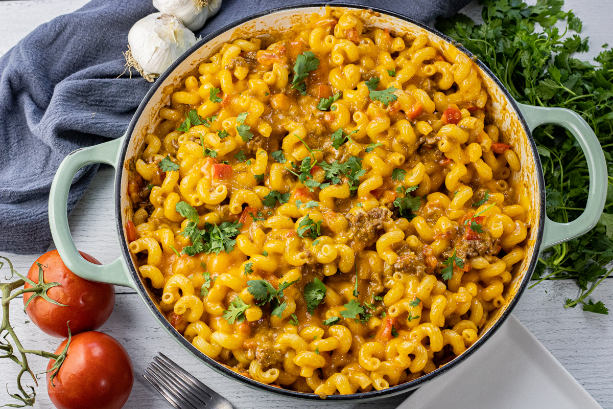 taco pasta with cheese in a large skillet