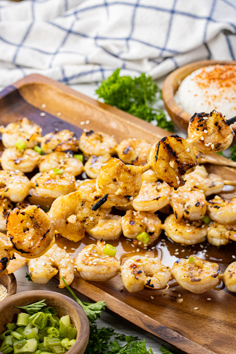 grilled shrimp on wooden skewers 