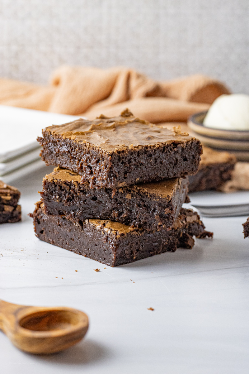 stack of three chocolate brownies