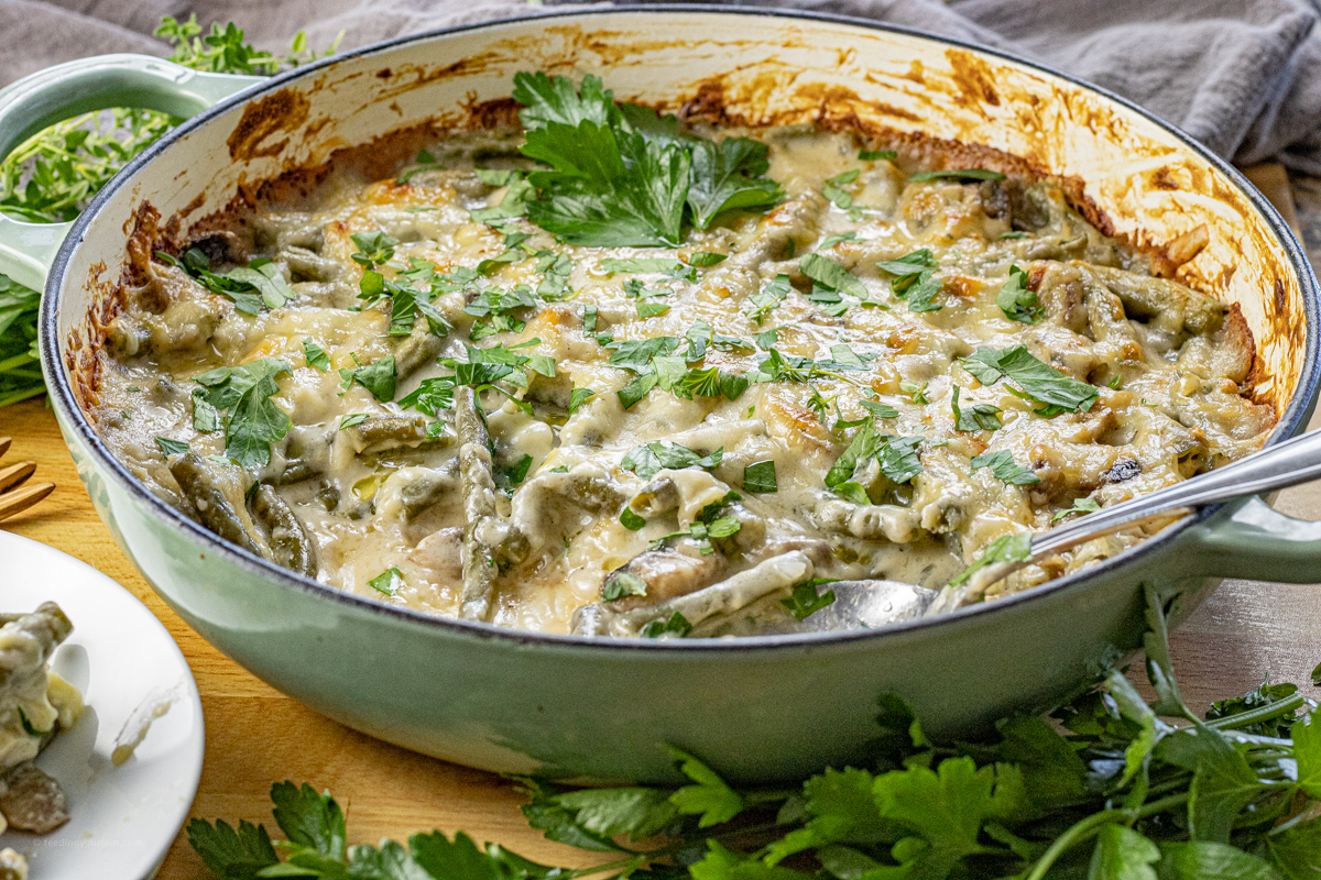 green bean casserole topped swiss cheese