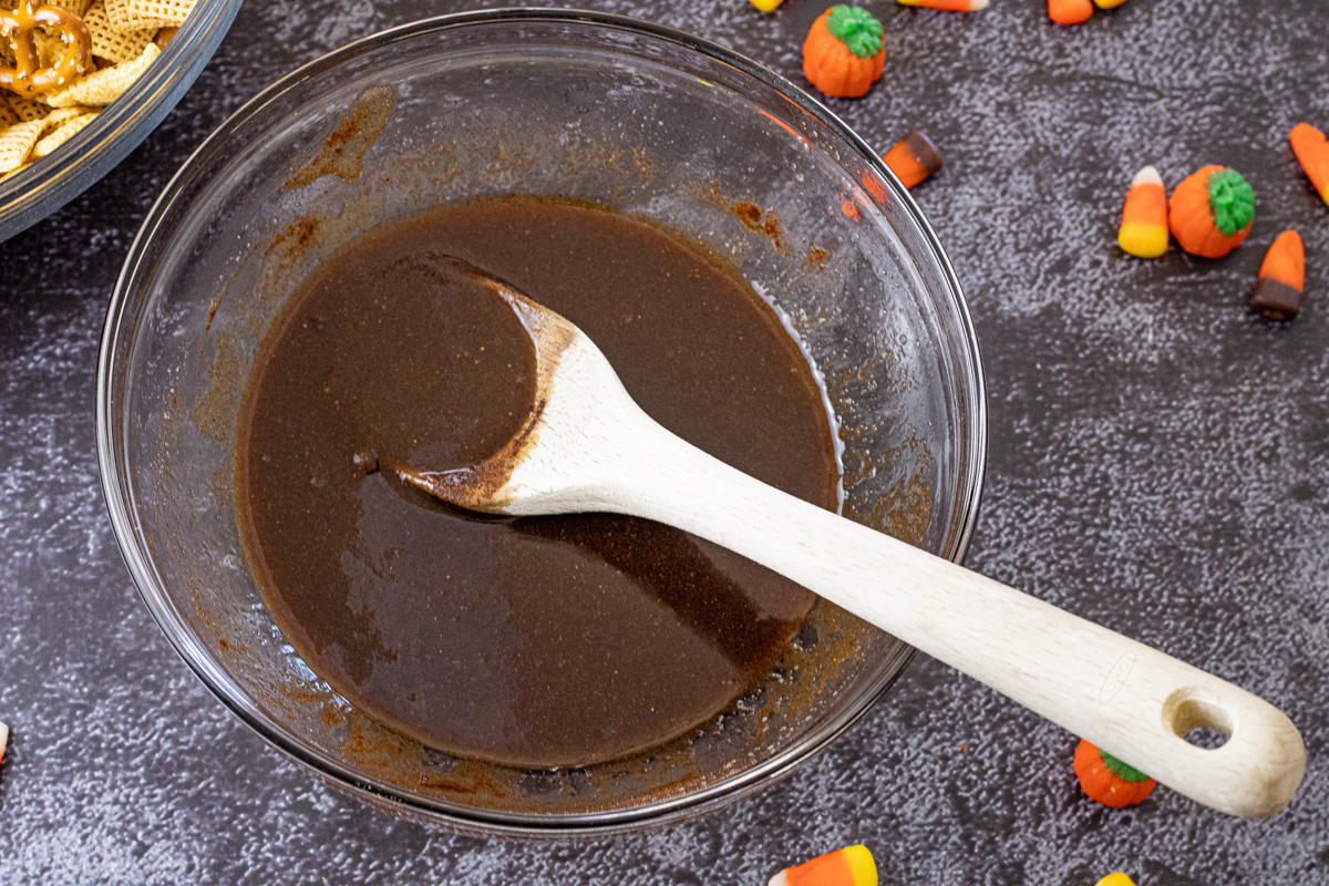 melted brown sugar and butter in a glass mixing bowl