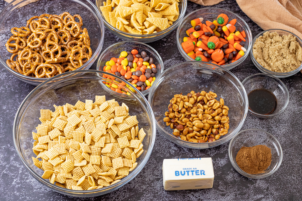 bowl of ingredients to make Chex mix