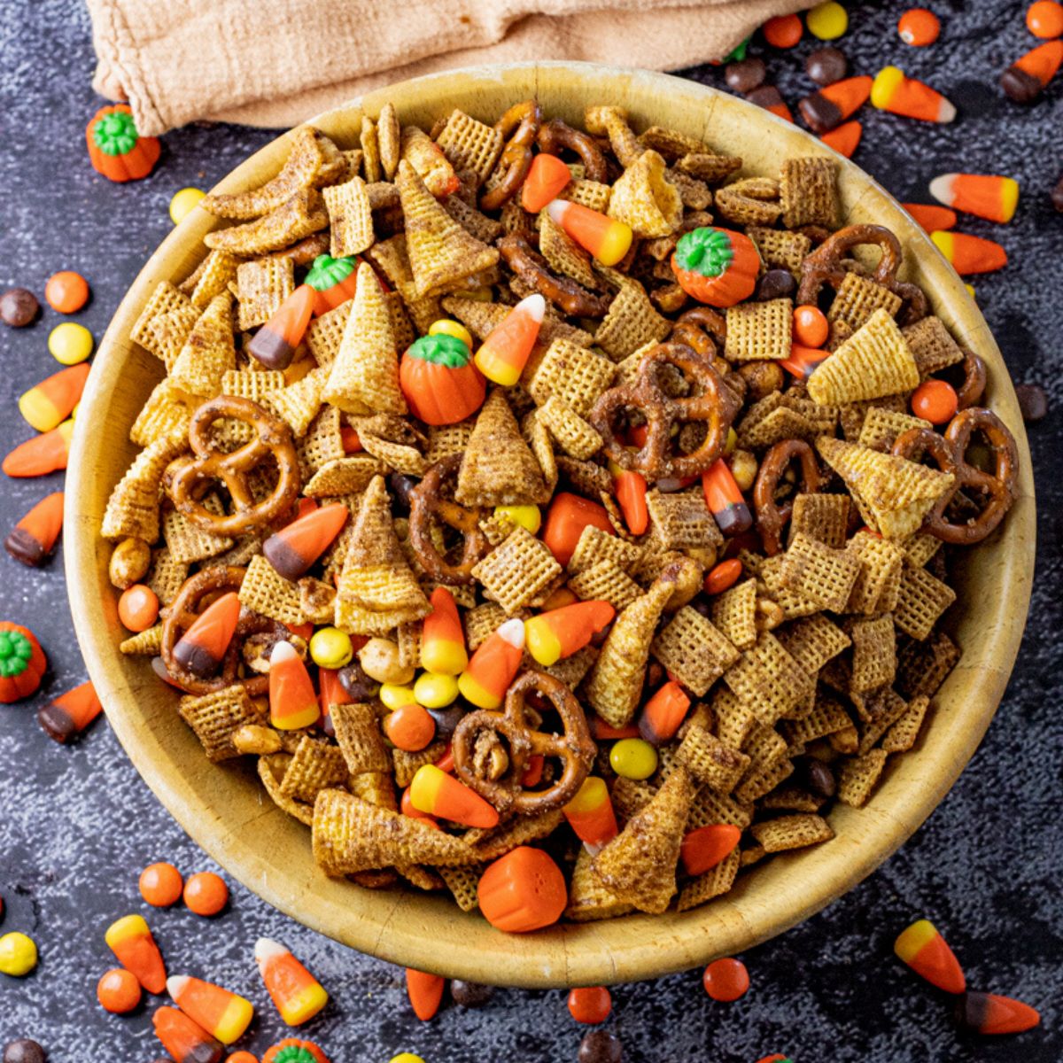chex mix with candy corn and reeses candies