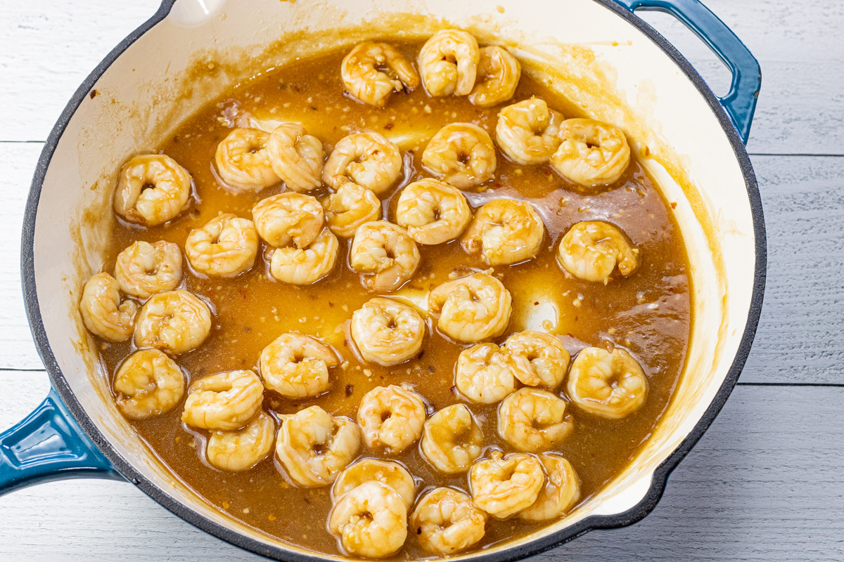shrimp with teriyaki sauce in a large skillet