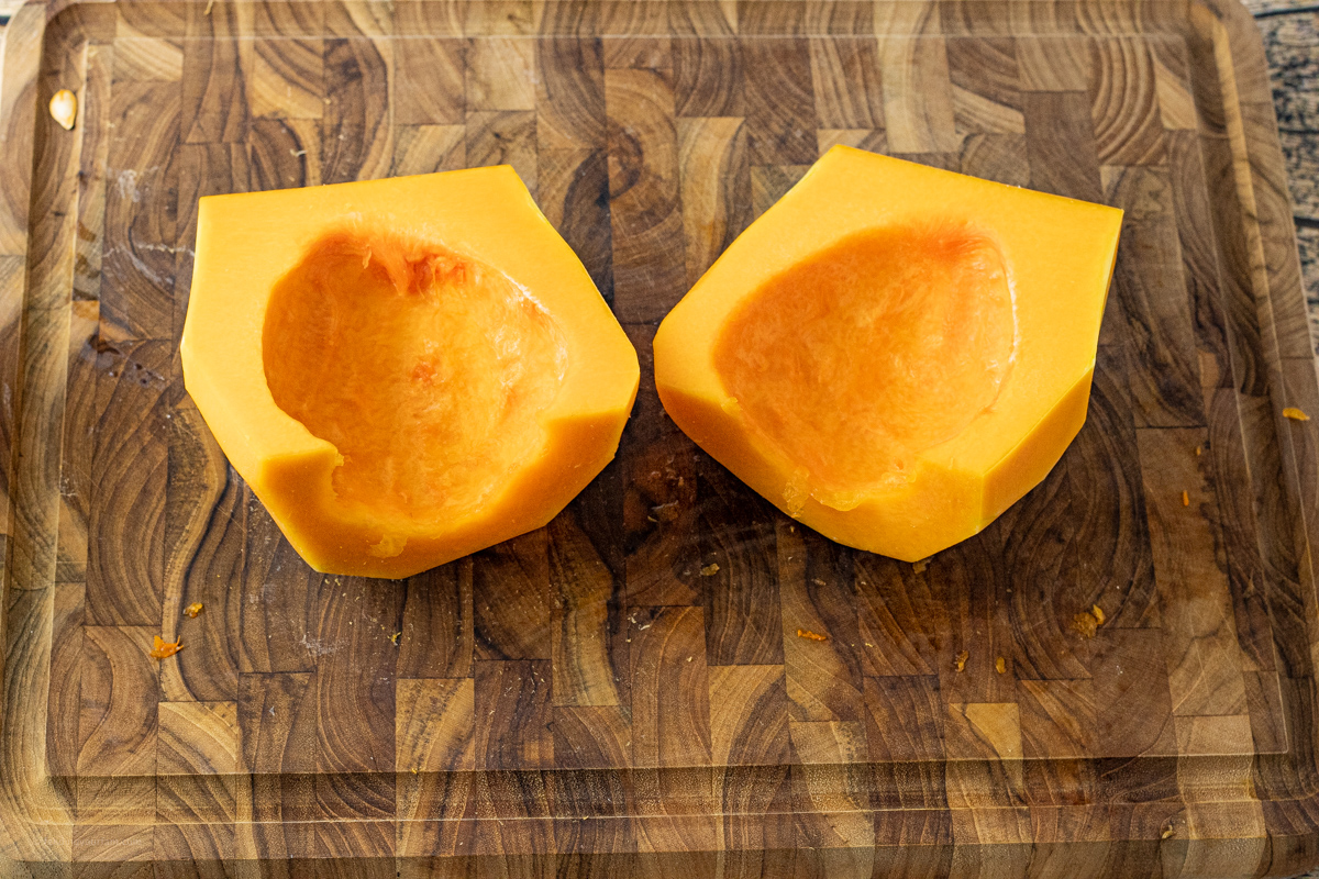bottom half of a butternut squash, sliced in half with the seeds removed
