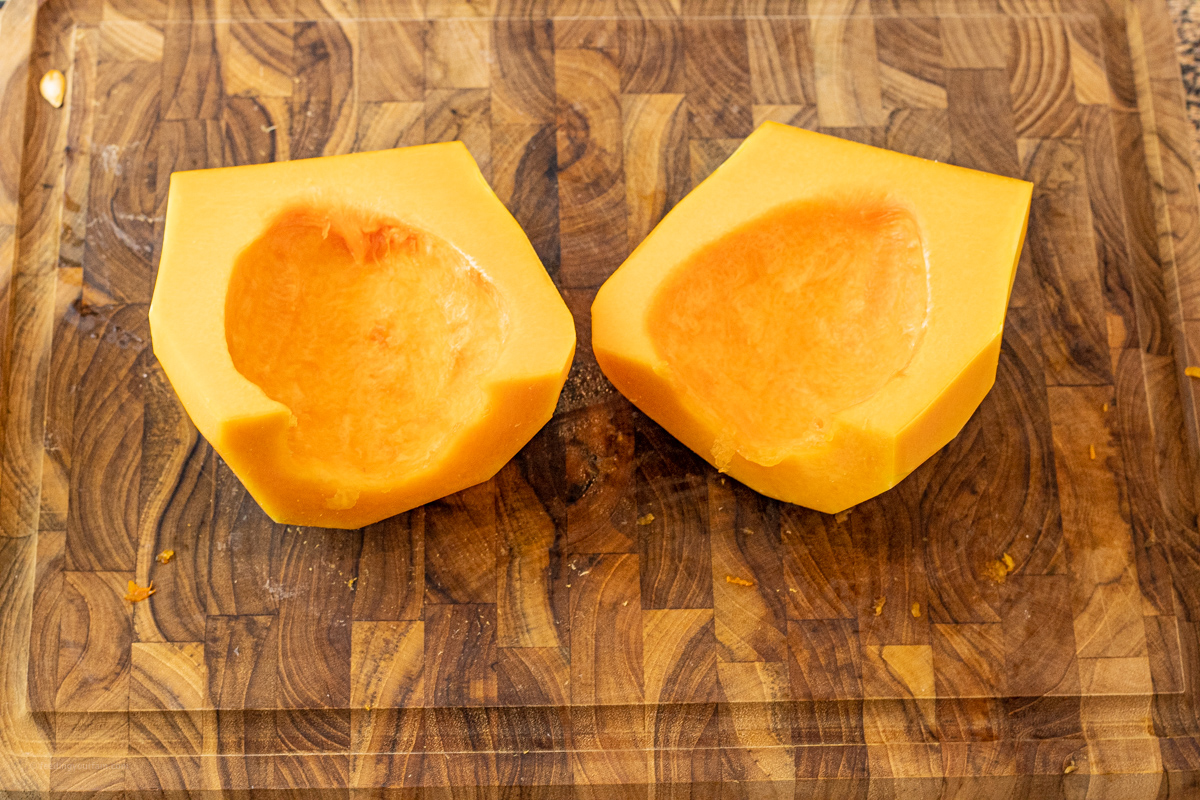 butternut squash cut in half with seeds removed
