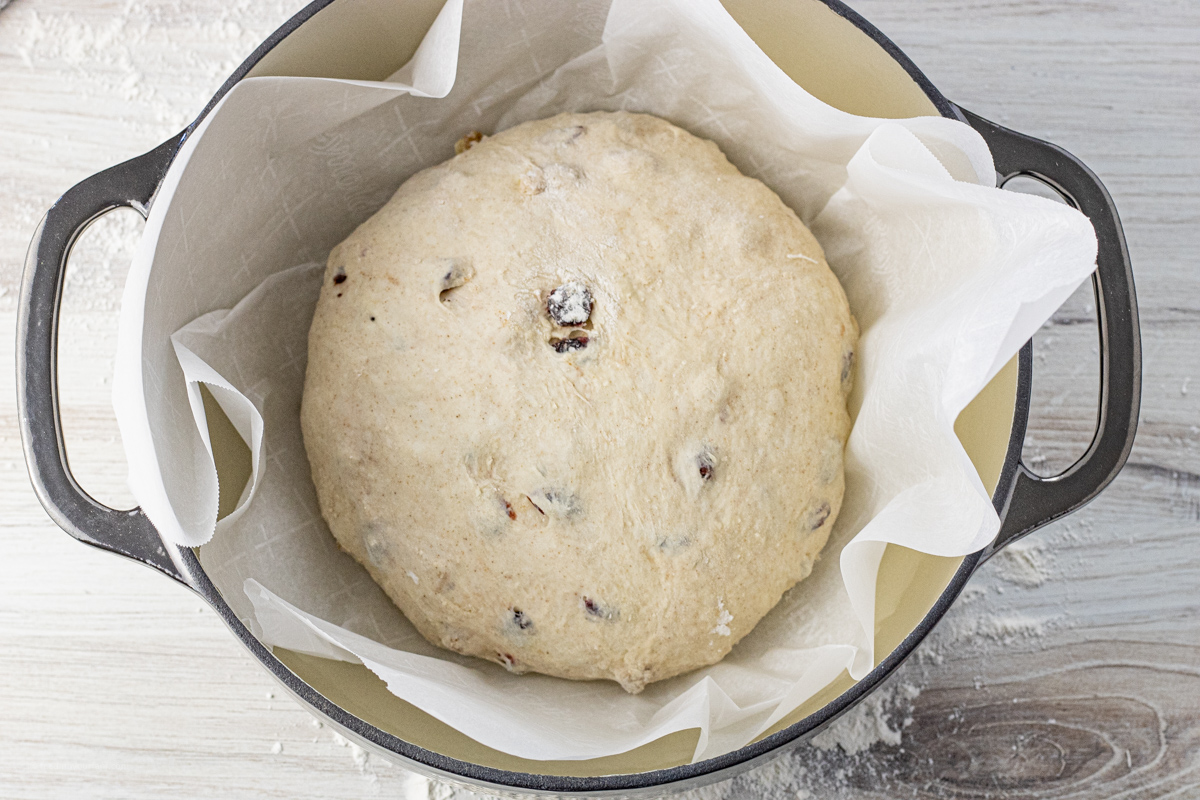 Unbaked cranberry walnut bread dough placed in a parchment-lined Dutch oven.