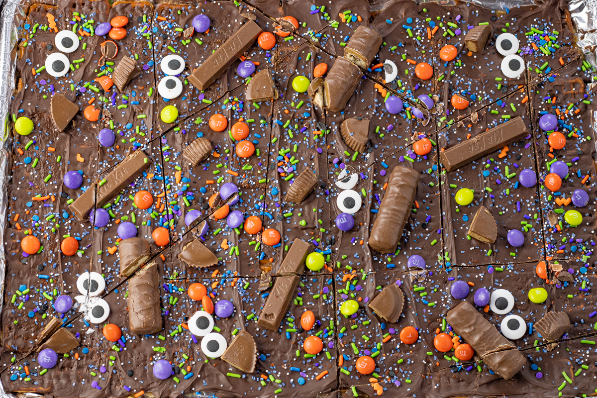 halloween pretzel bark candy broken into pieces