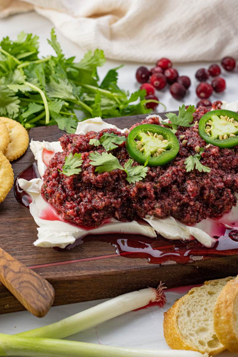 salsa made from cranberries over cream cheese