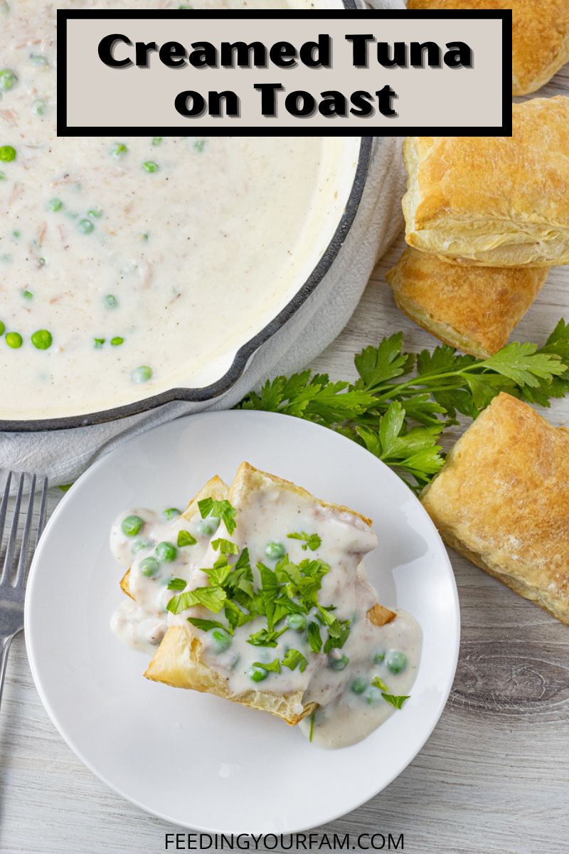 creamed tuna with peas on square pieces of puff pastry