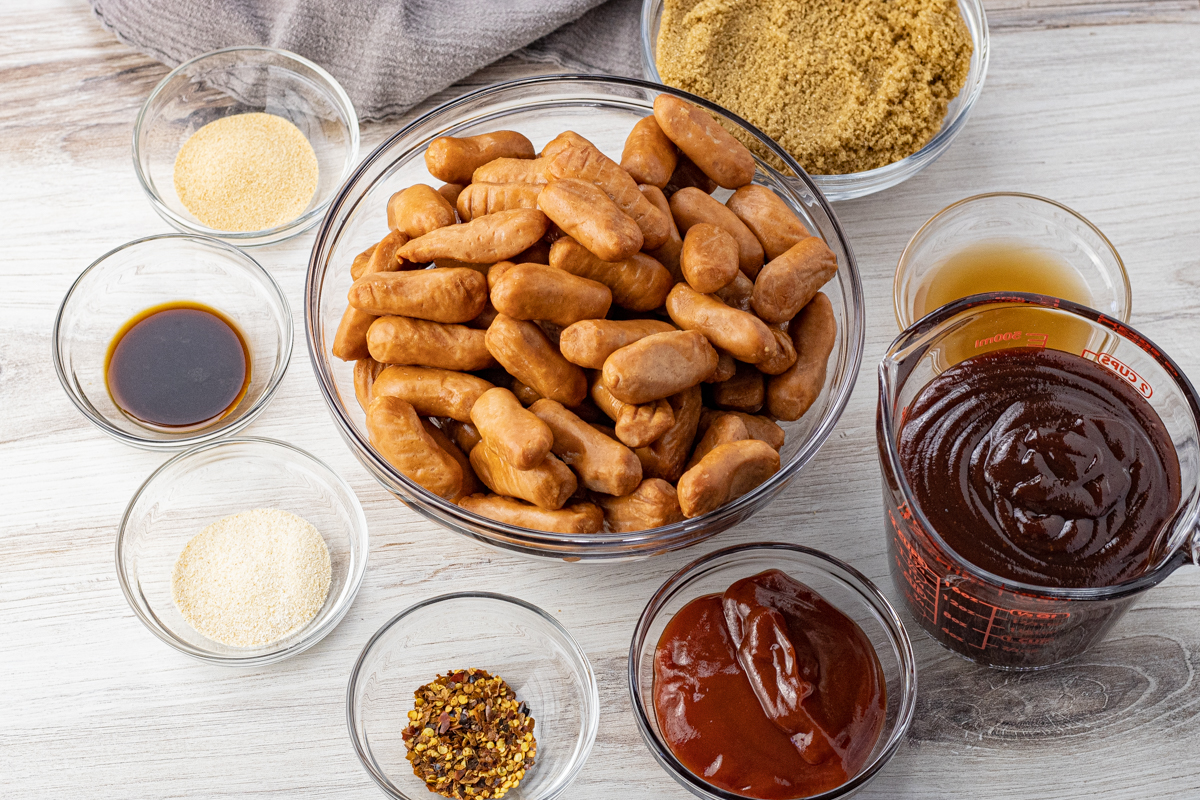 bowls of ingredients to make mini sausages in barbecue sauce