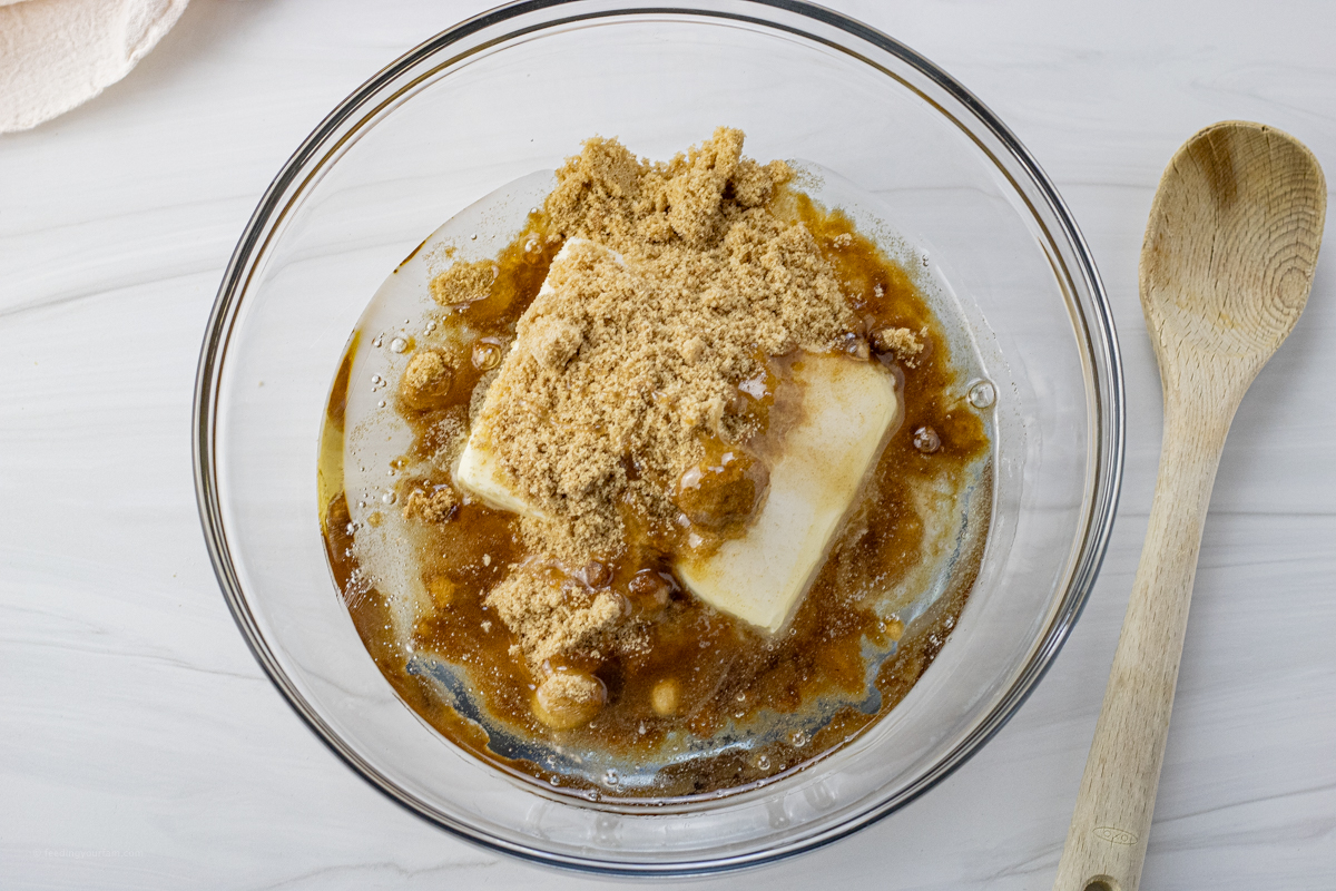 glass bowl of ingredients to make caramels