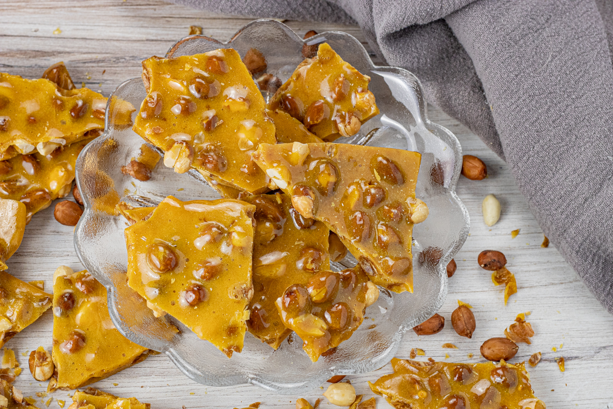 pieces of peanut candy in a candy dish
