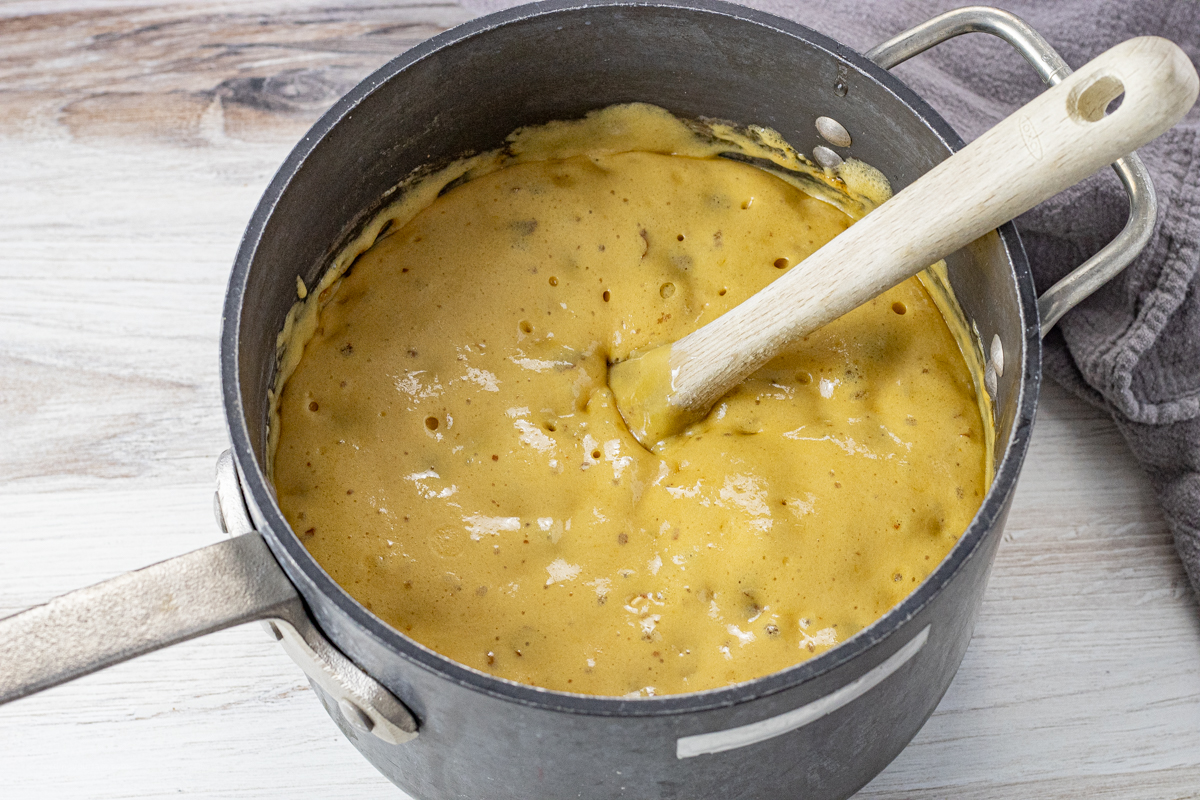 bubbly, golden peanut candy in a large pot