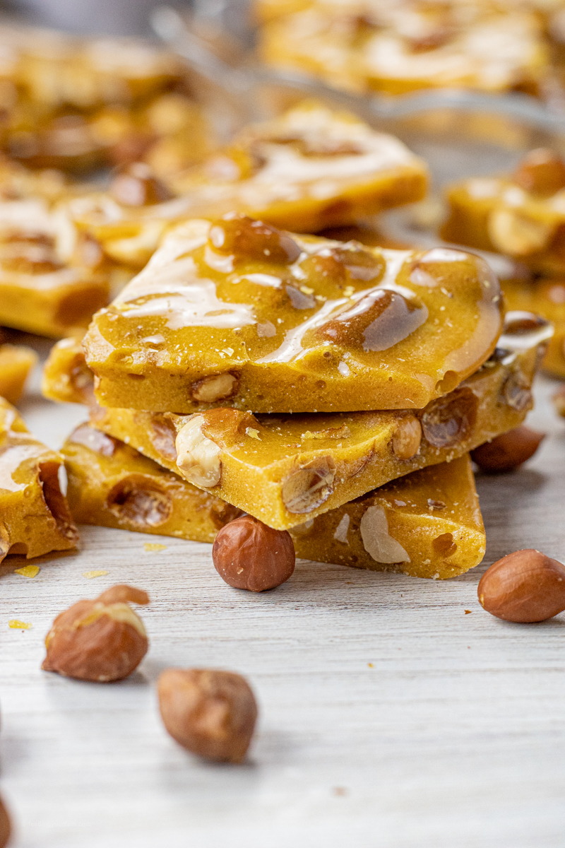 stack of golden brown peanut brittle