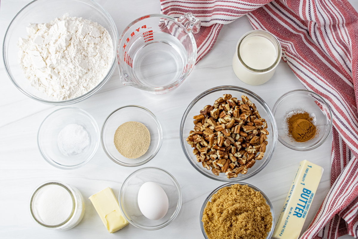 ingredients for monkey bread in small glass bowls