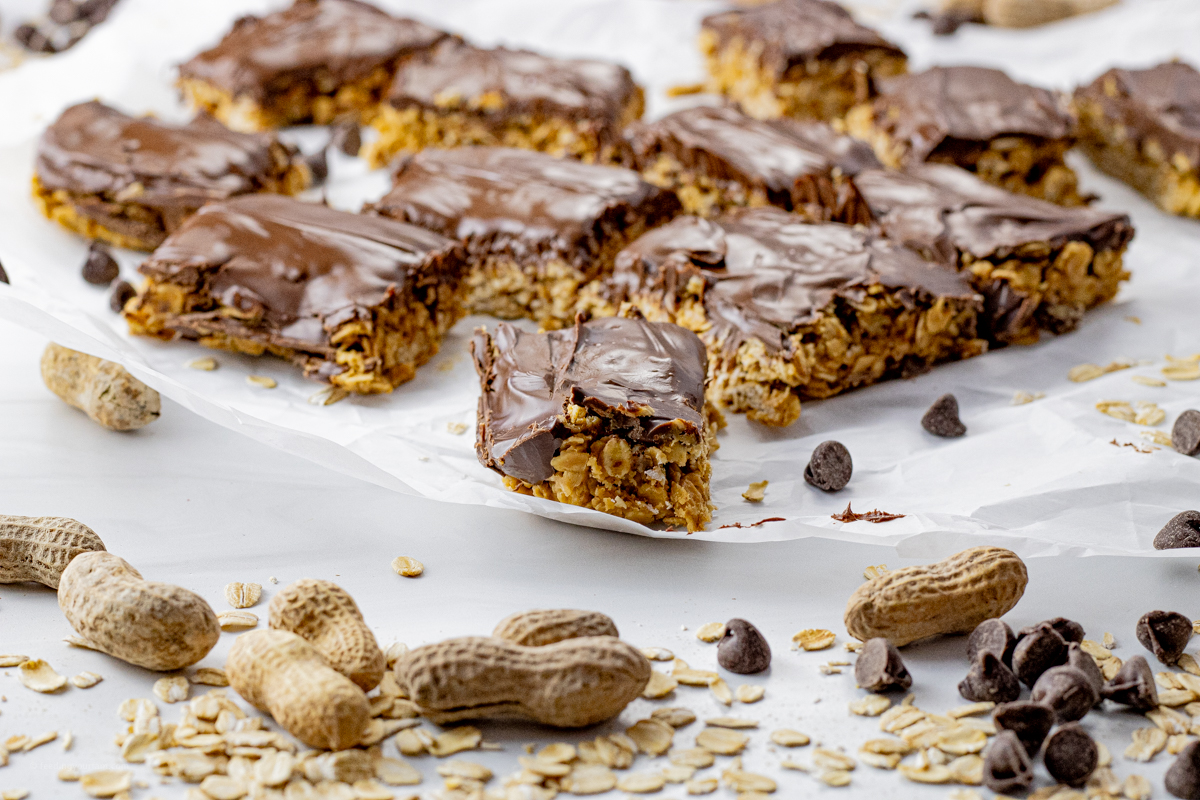 oatmeal peanut butter bars covered with chocolate