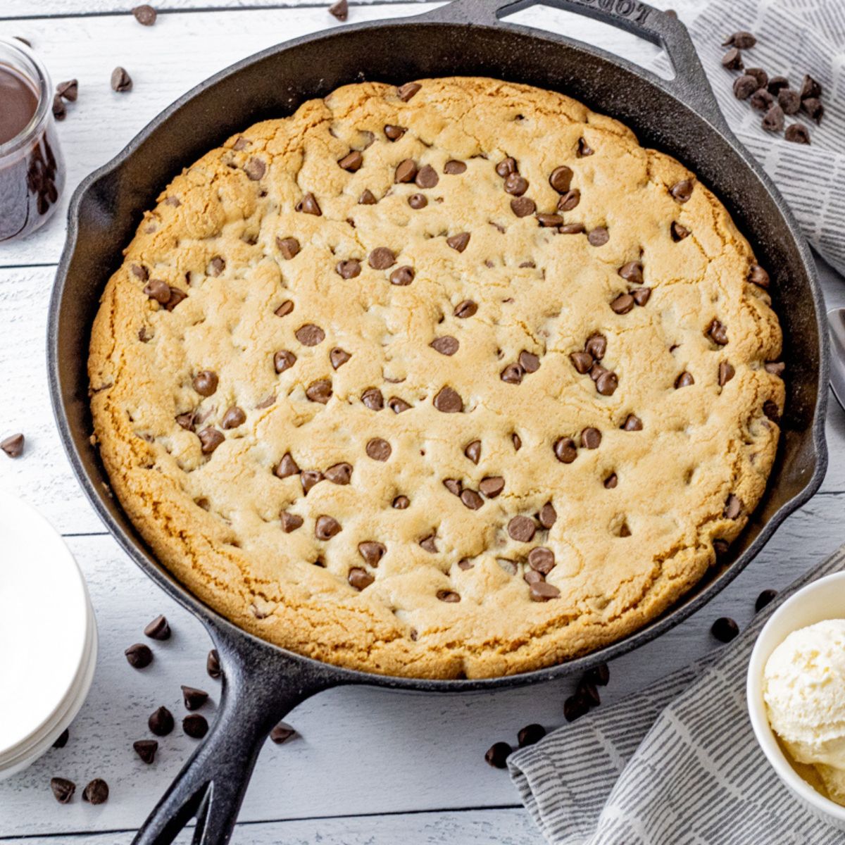 cast iron skillet with a chocolate chip cookie