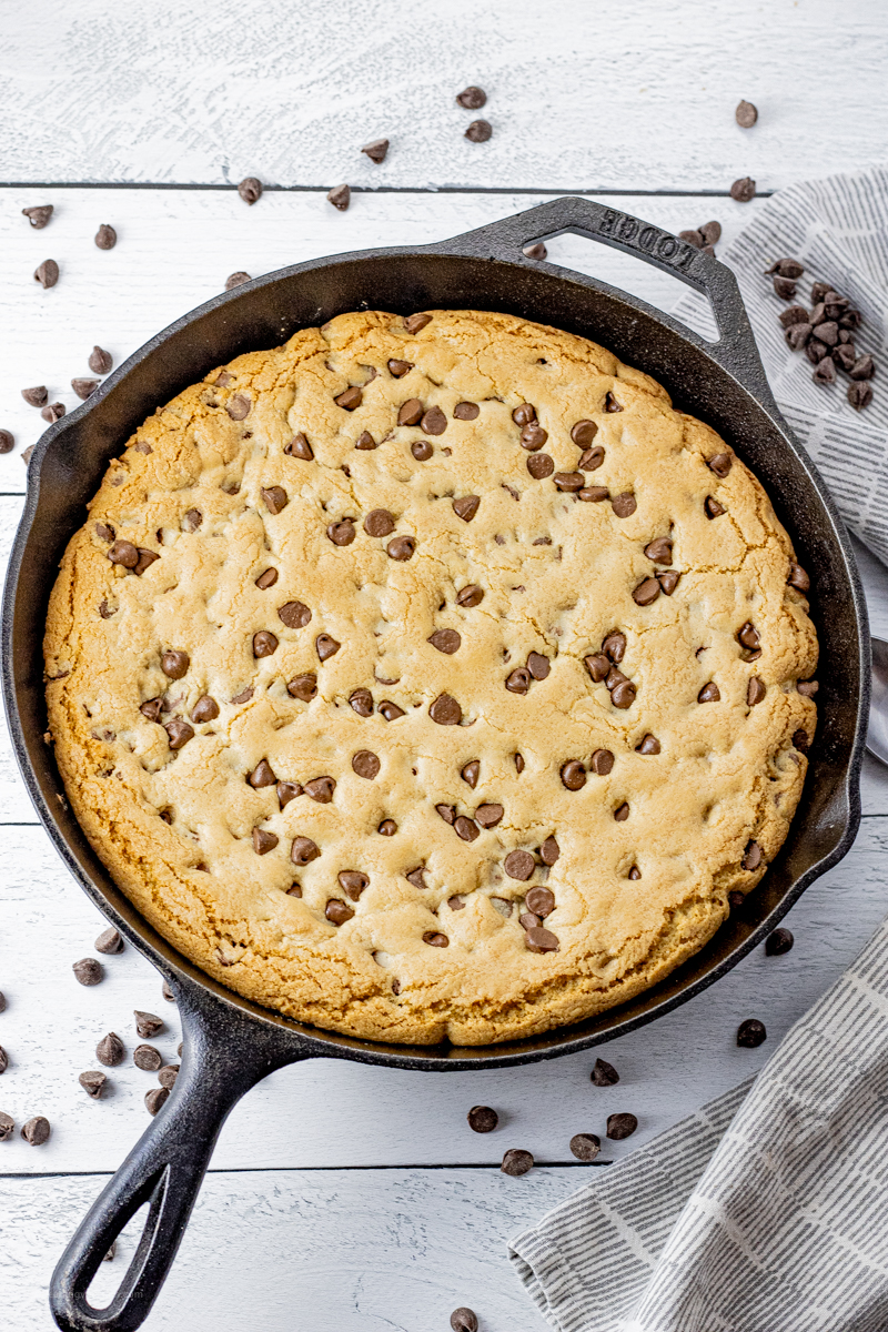 chocolate chip cookie baked in a cast iron skillet