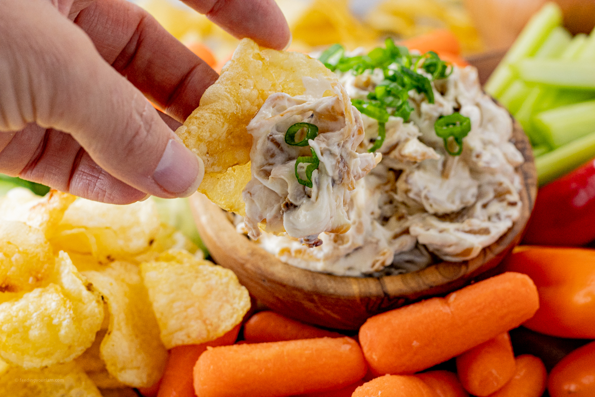 hand holding a chip with french onion dip on it
