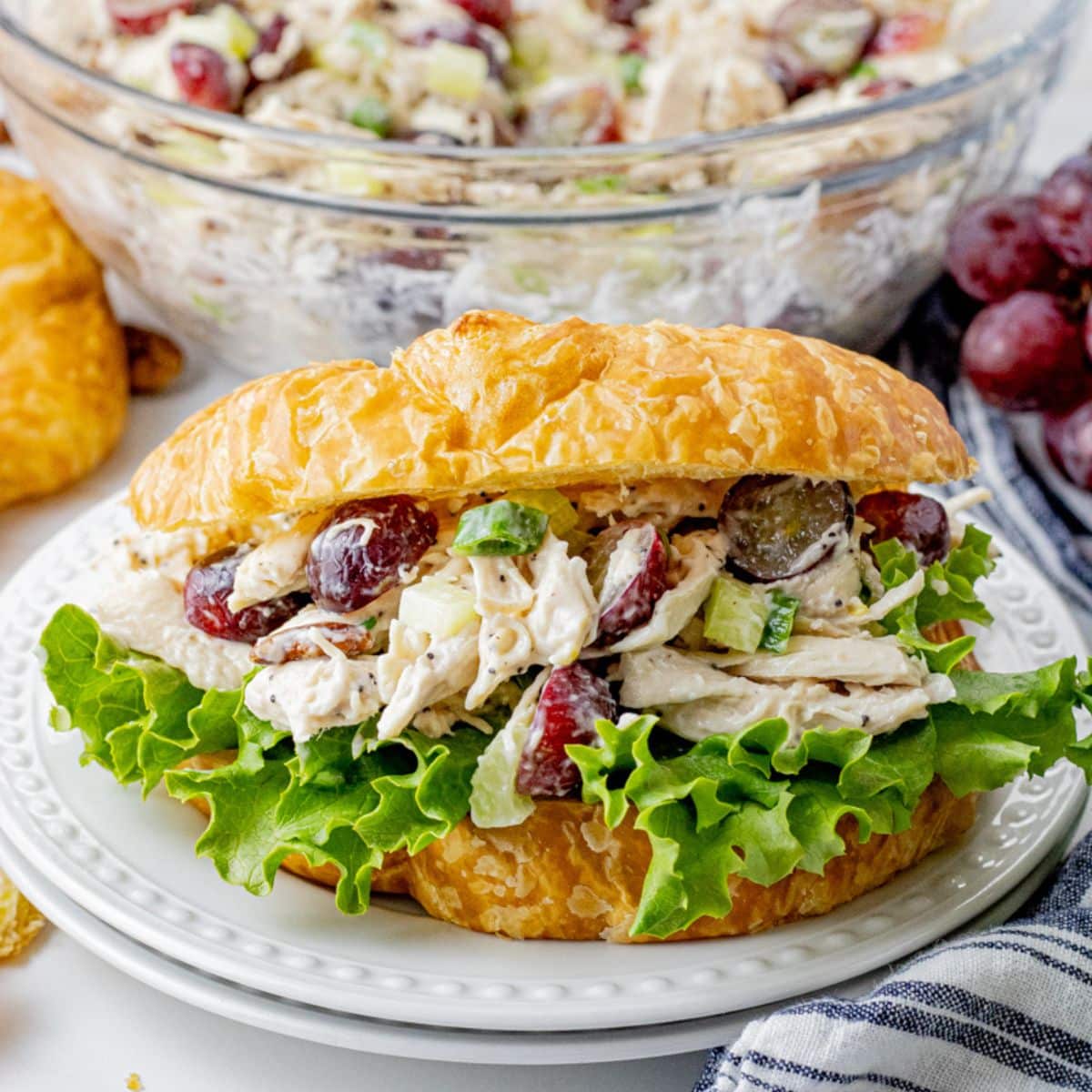 chicken salad with grapes on a soft croissant roll