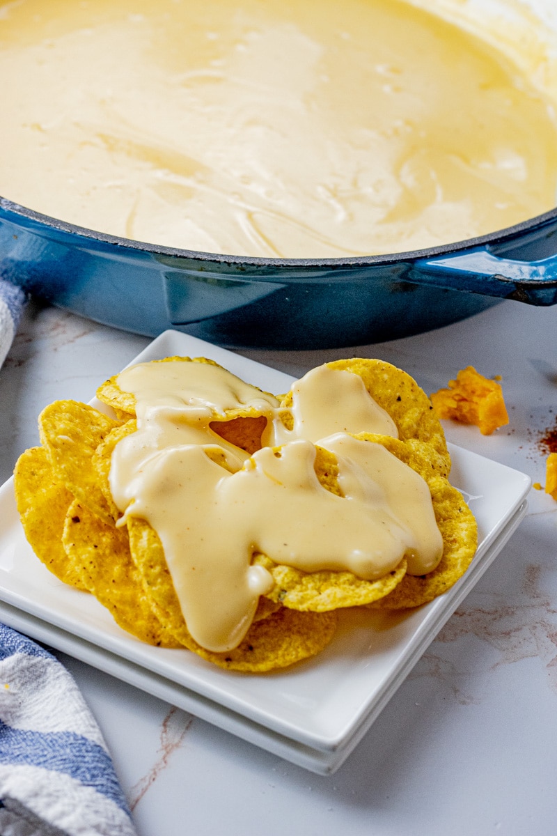 round tortilla chips topped with melted nacho cheese sauce
