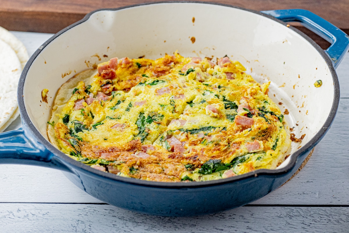 cooked eggs, ham, cheese and spinach on a flour tortilla