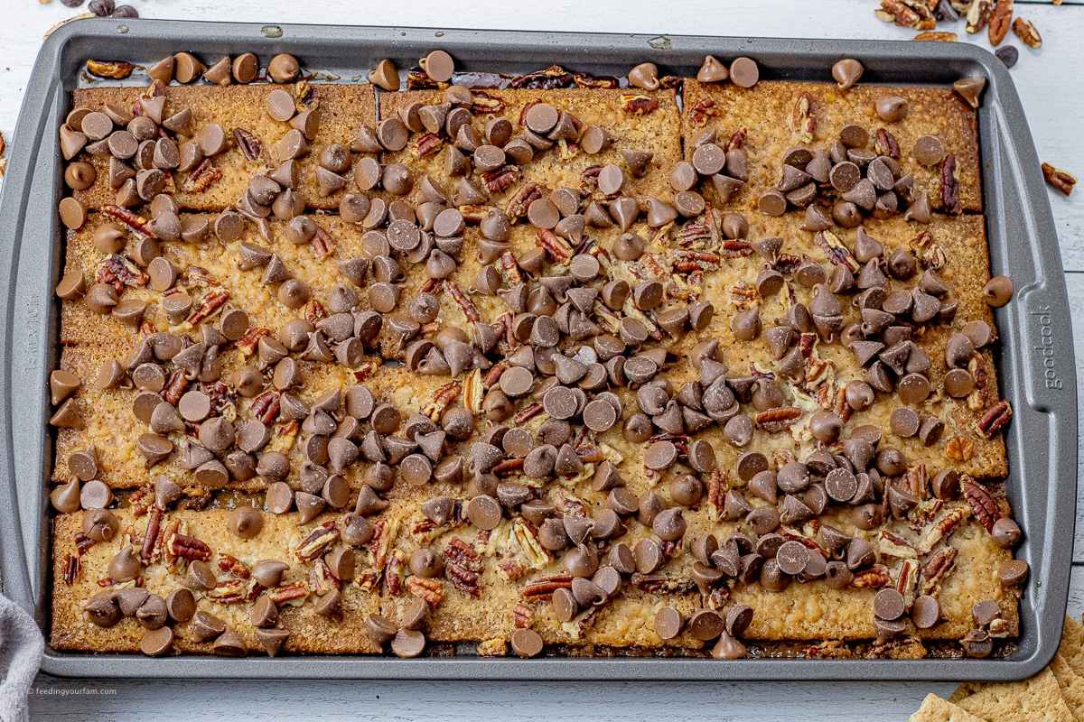 cooked graham cracker toffee topped with chocolate chips