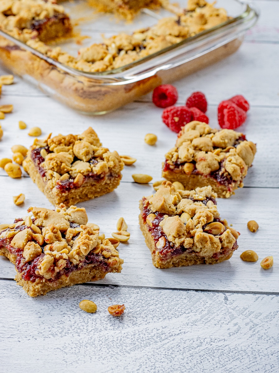 cookie bars made with peanut butter and jelly cut into squares