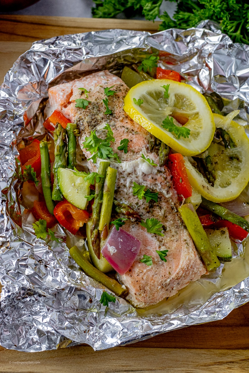 salmon with vegetables on a sheet of foil