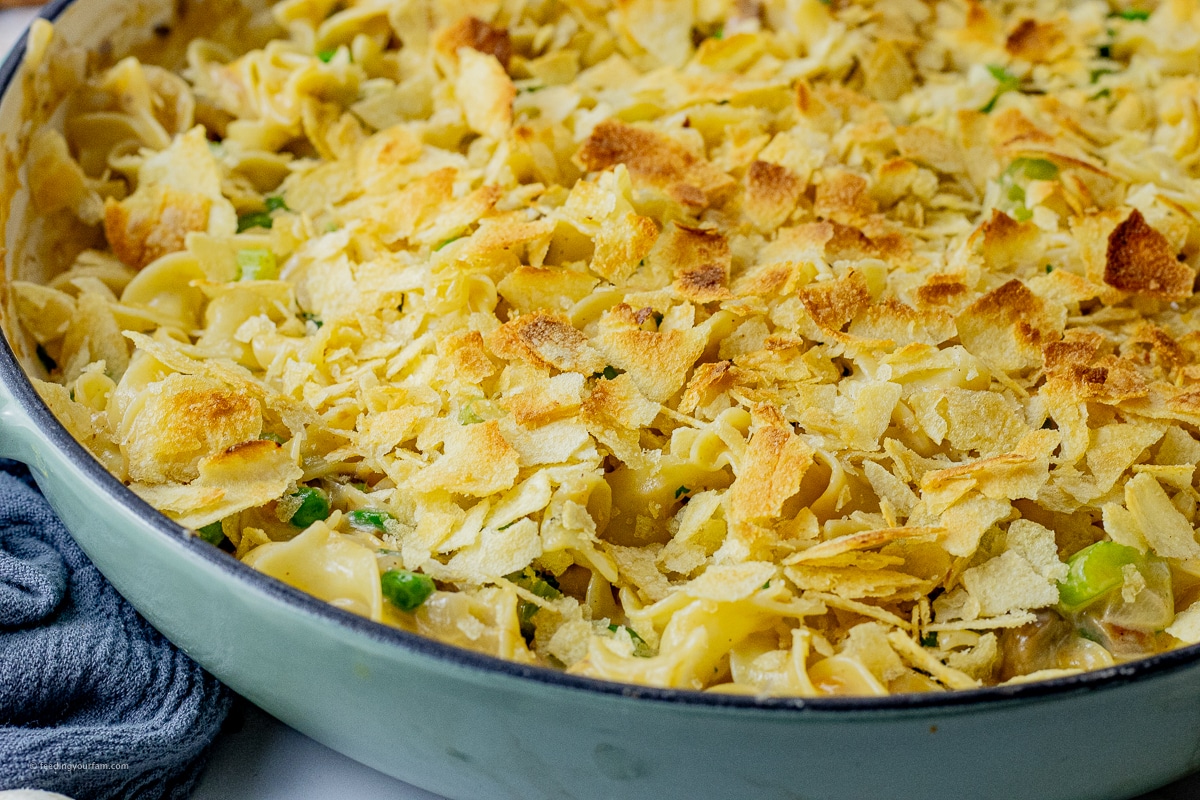 tuna casserole topped with crispy broken potato chips