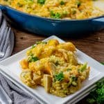 plate of orzo with chicken, cheese and broccoli