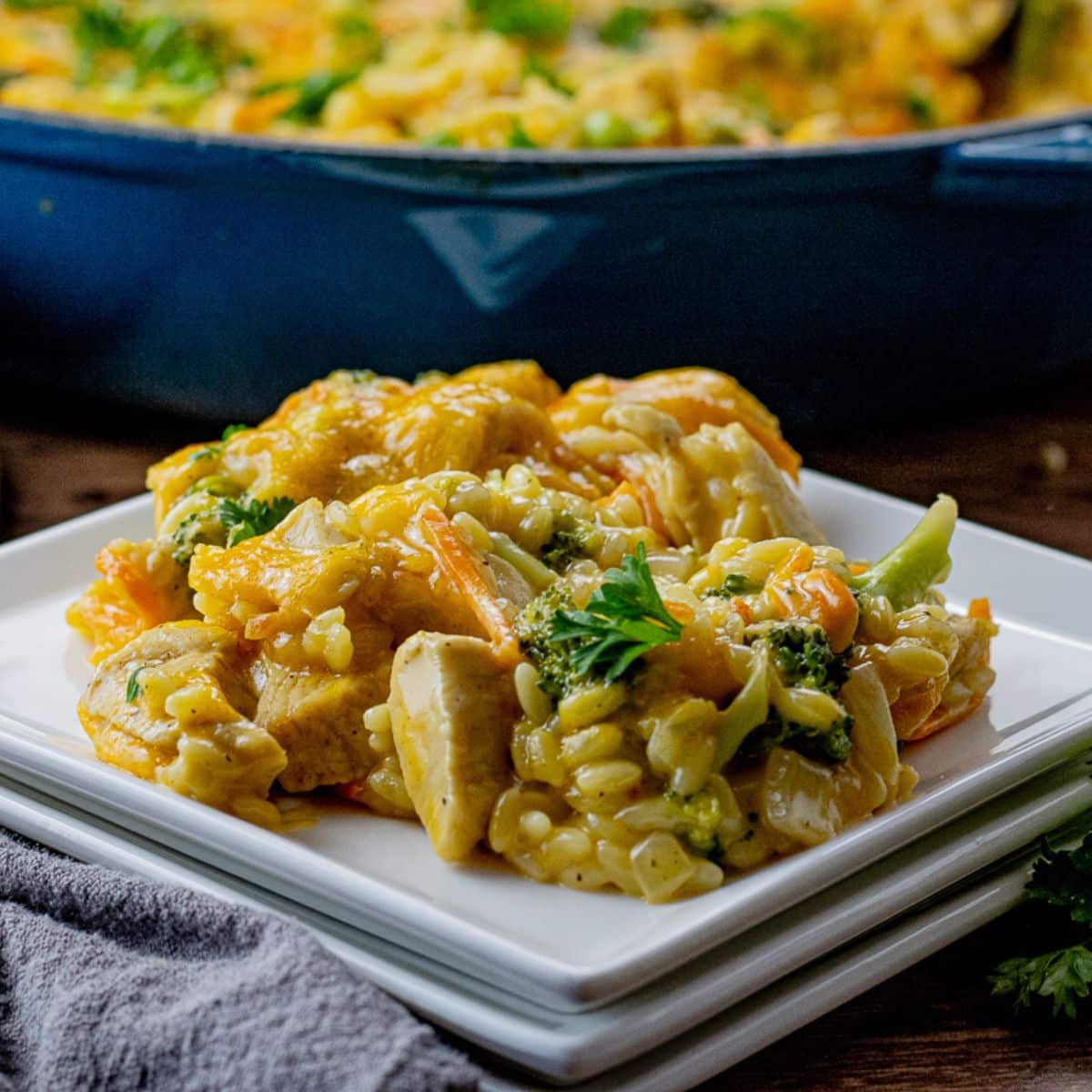 plate of broccoli and chicken orzo