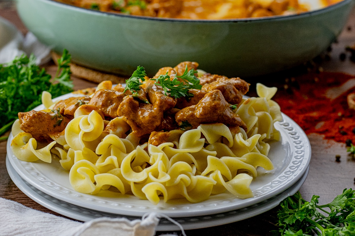 pork pieces in a cream sauce over egg noodles