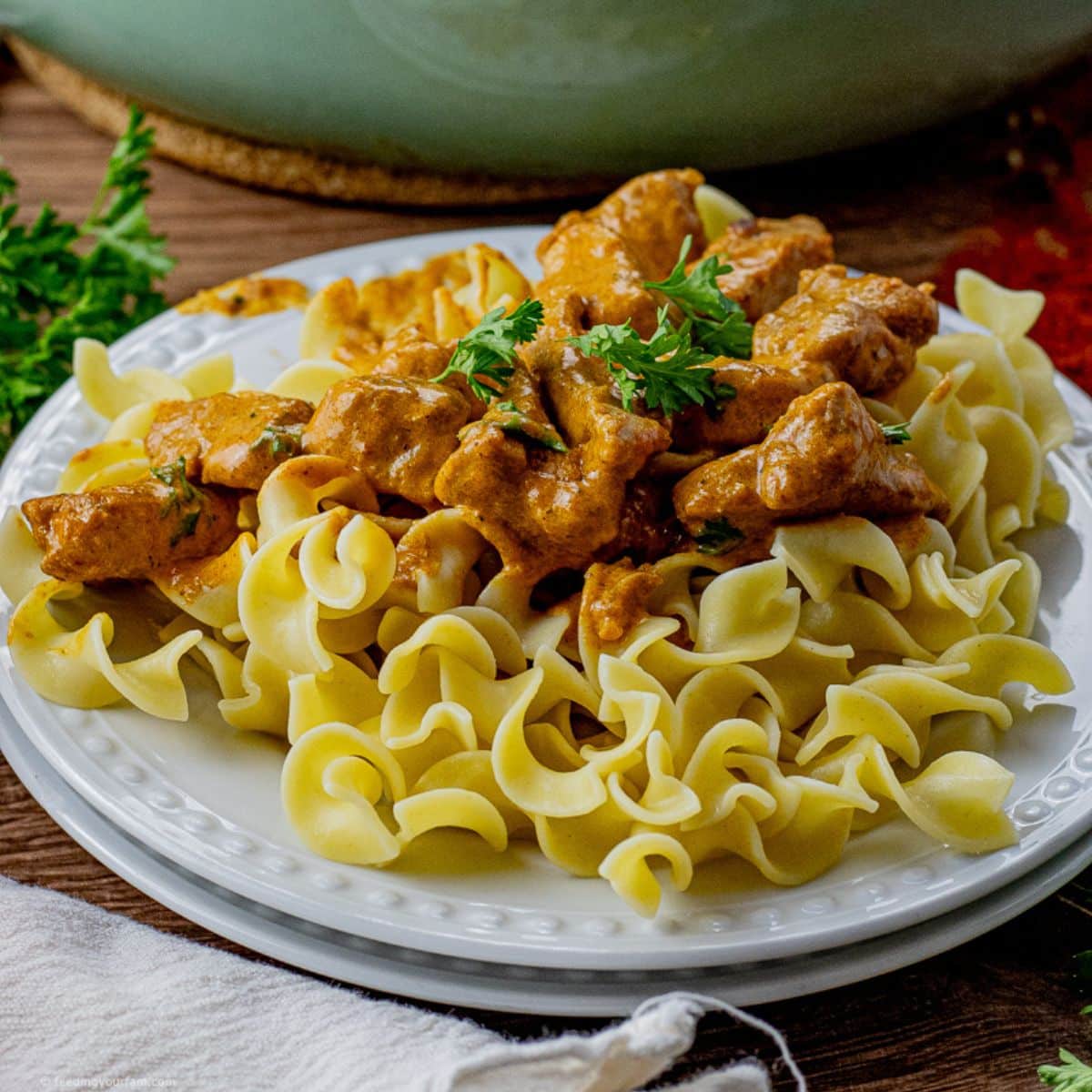 paprika pork tenderloin over twisted egg noodles