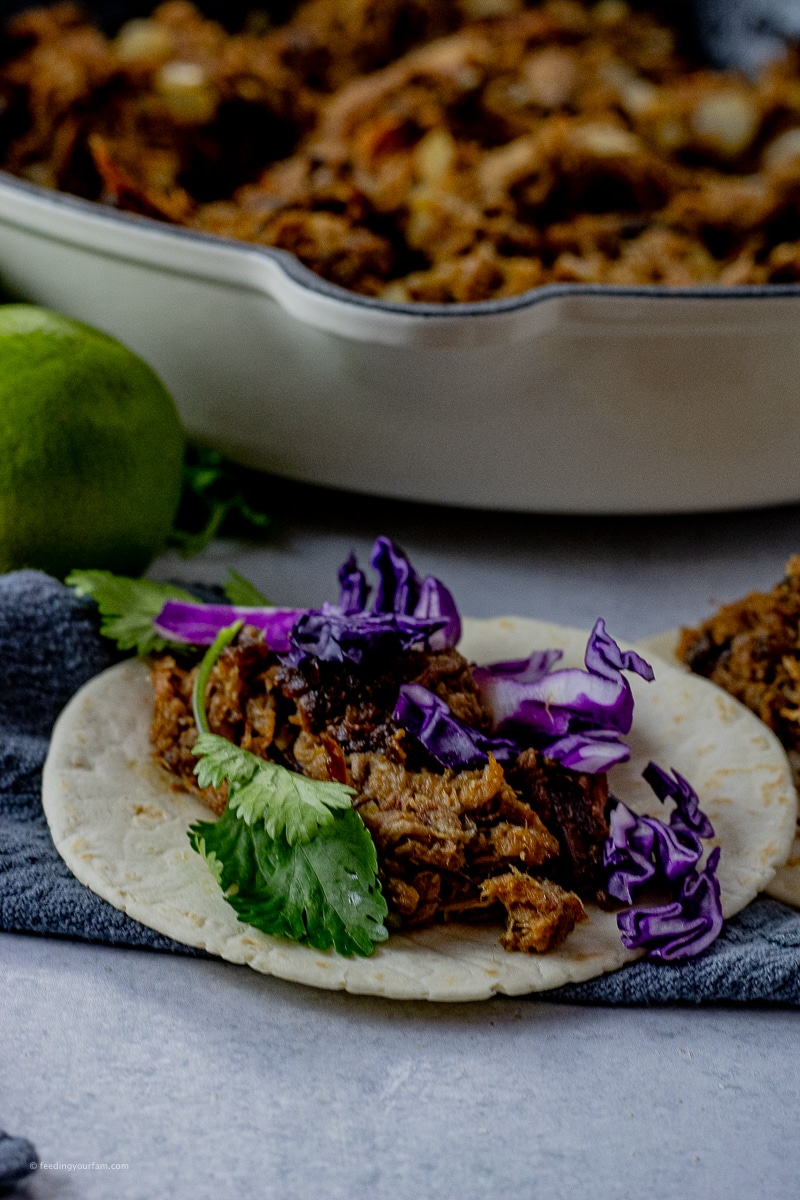 pulled pork taco topped with red cabbage and cilantro