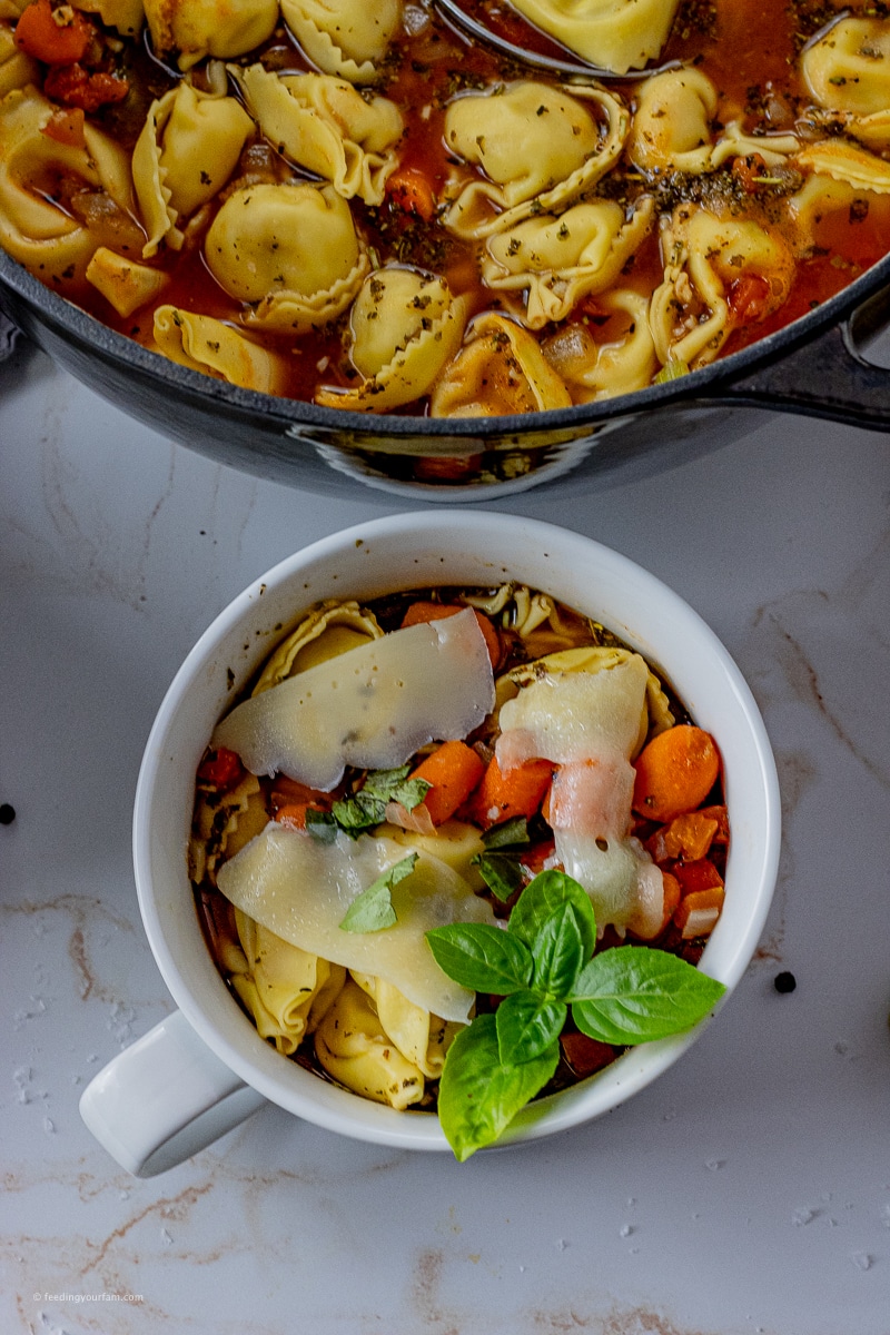 Loaded with veggies and simple ingredients, this Easy Tortellini Soup Recipe will become a regular on your comfort foods menu. Ready in under 20 minutes for a quick meal. soup bowl with tortellini soup with vegetables and topped with parmesan cheese