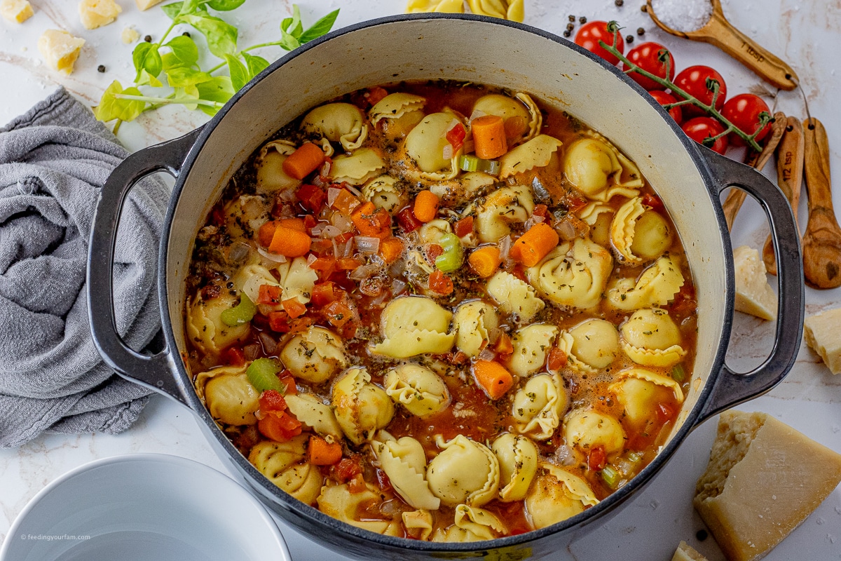 Loaded with veggies and simple ingredients, this Easy Tortellini Soup Recipe will become a regular on your comfort foods menu. Ready in under 20 minutes for a quick meal. big pot of soup made with tortellini in a tomato broth