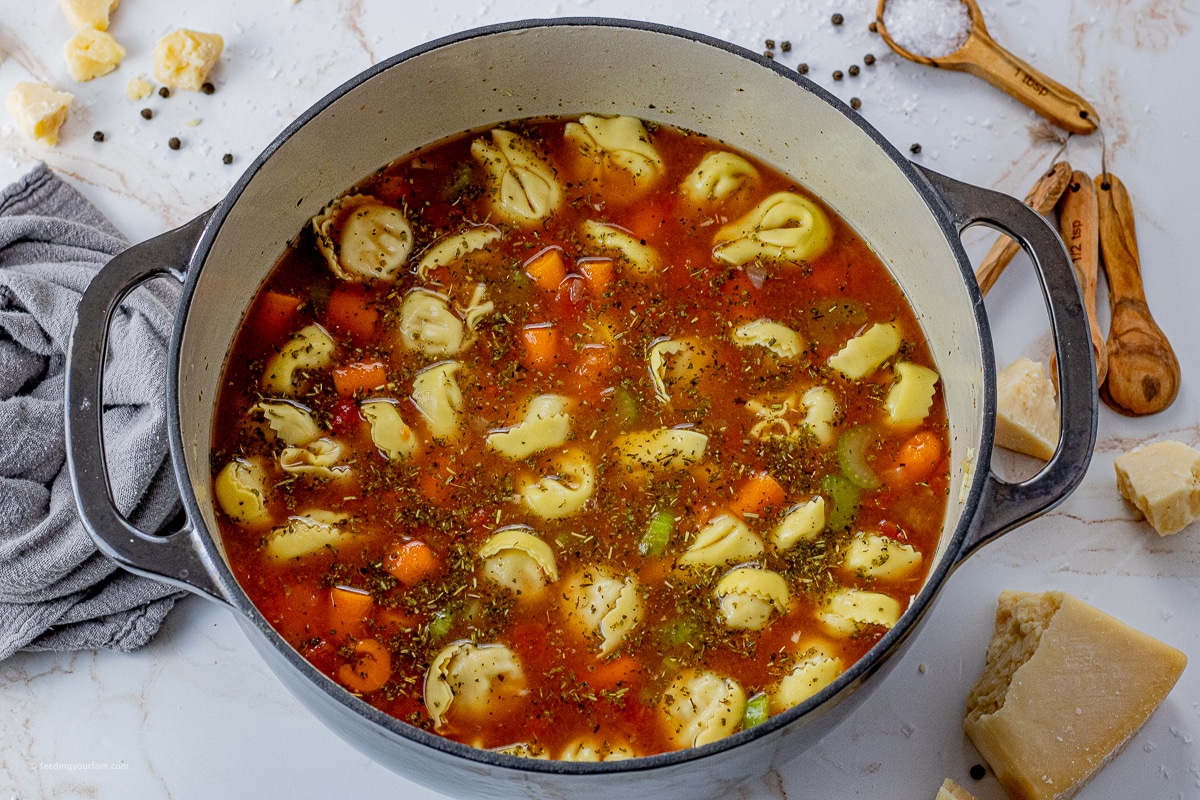 big pot full of cheese tortellini soup with a tomato broth