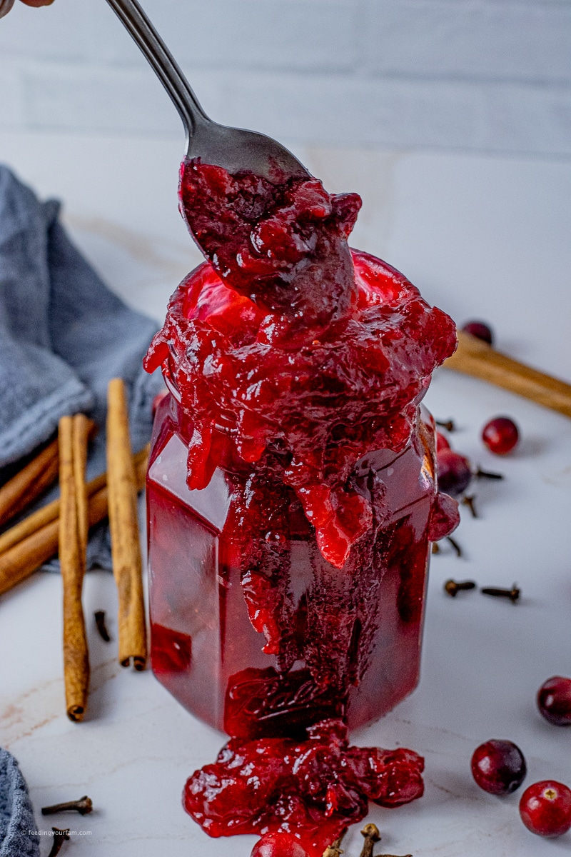 spoon scooping homemade cranberry sauce out of a glass jar