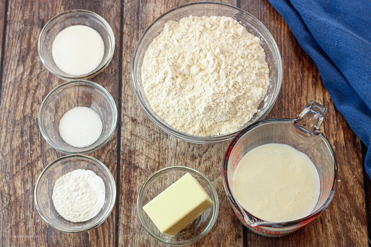 butter, buttermilk, flour, baking soda, salt and sugar in small bowls.