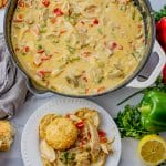 chicken a la king in a cast iron pan